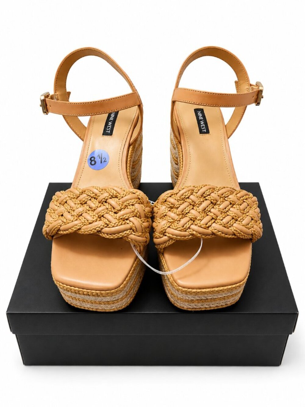 Nine West Same Tan Braided Platform Espadrille Block Heel Sandals 8.5M
